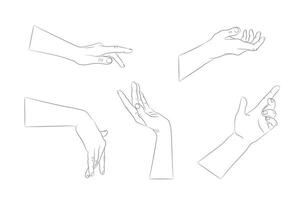 Set of hand drawn human hands with different gestures. Hand outline with an empty contour. Vector illustration