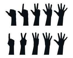 Set of Hand drawn hands counting numbers. Variations of counting fingers silhouettes. Vector illustration