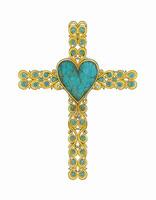 Jesus cross jewelry  design vintag art set with heart turquoise and gold design by hand painting on paper. vector