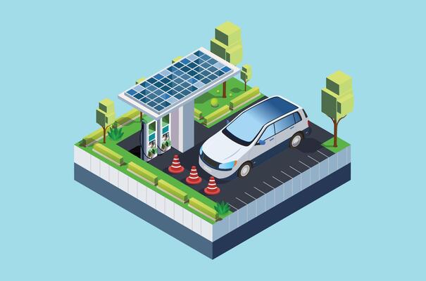 Isometric Electric car charging on parking lot with fast supercharger station and many charger stalls. Vehicle on renewable solar panel wind energy battery storage station in network grid.