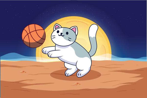 cute cat playing basketball on outer space planet with basketball pole Cartoon Vector Icon Illustration, con Concept Isolated Premium Vector. Suitable for Infographics and Book Picture Illustration