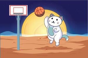 cute cat playing basketball on outer space planet with basketball pole Cartoon Vector Icon Illustration, con Concept Isolated Premium Vector. Suitable for Infographics and Book Picture Illustration