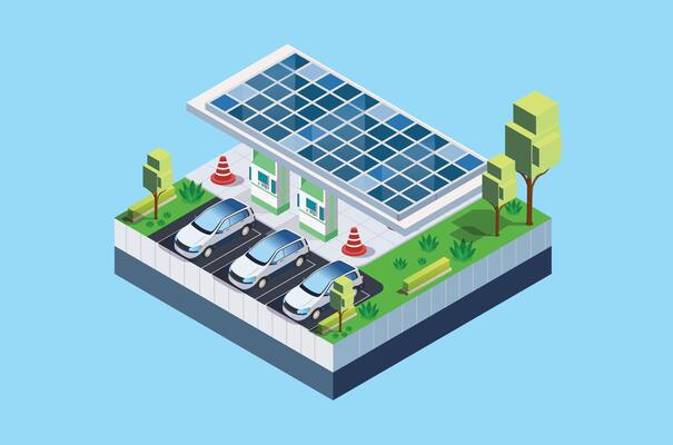 Isometric Electric car charging on parking lot with fast supercharger station and many charger stalls. Vehicle on renewable solar panel wind energy battery storage station in network grid.