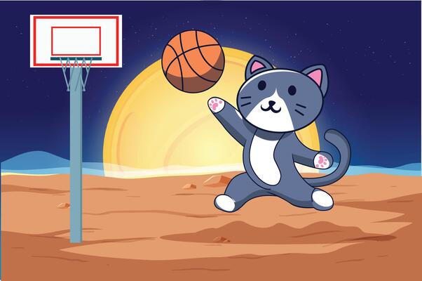 cute cat playing basketball on outer space planet with basketball pole Cartoon Vector Icon Illustration, con Concept Isolated Premium Vector. Suitable for Infographics and Book Picture Illustration