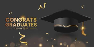 Congrats graduates class of 2024 text with 3d mortarboard cap, diploma and confetti celebration elements for college graduate celebration. Vector illustration.