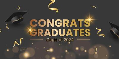 Class of 2024. Congrats graduates text with 3d mortarboard cap, diploma and confetti celebration elements for college graduate celebration. Vector illustration.