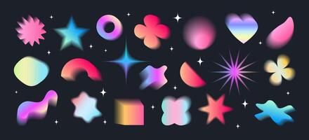 A large set of abstract blurred shapes.  Gradient fill in retrofuturism style, retro wave, y2k, 2000s. Bright acidic colors on a black background vector