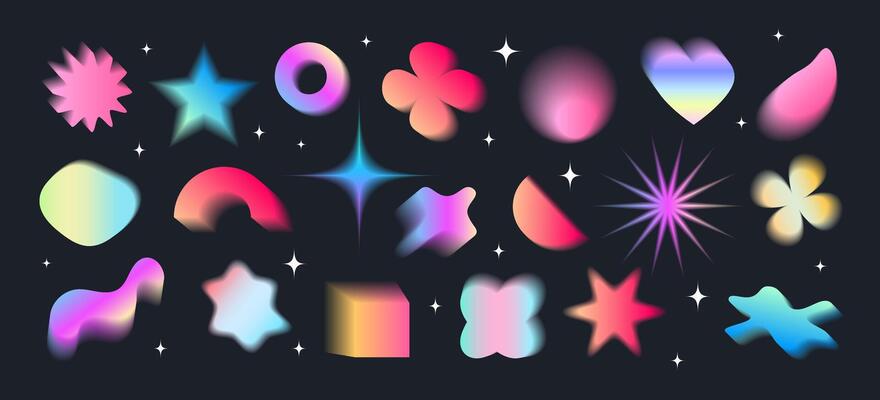 A large set of abstract blurred shapes.  Gradient fill in retrofuturism style, retro wave, y2k, 2000s. Bright acidic colors on a black background