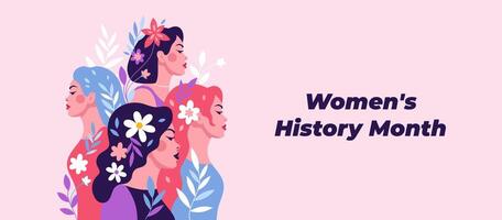 beautiful women with flowers in their hair. Side view of the girls. International Women's Day. Equality and feminism vector