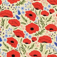 Seamless pattern with summer poppy field flowers. Vector graphics.