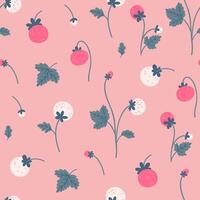 Seamless pattern with strawberries growing in the garden in pink colors. Vector graphics.