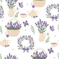 Seamless pattern with lavender bouquets in vases and baskets. Vector graphics.