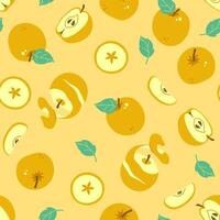 Seamless pattern with yellow apples and slices. Vector graphics.