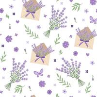 Seamless pattern with lavender bouquets and envelopes. Vector graphics.