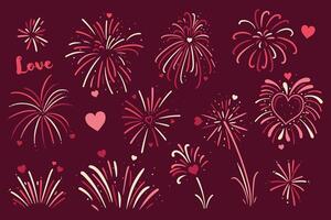 Set of fireworks with hearts for Valentine's Day. Vector graphics.