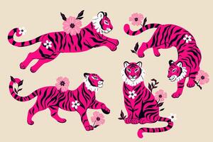 Set of fuchsia fancy graceful tigers in different poses. Vector graphics.