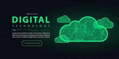 Technology digital cloud computing, futuristic internet network connection dark black background, green abstract cyber communication, Ai big data science, innovation future tech illustration vector 3d