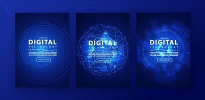 Poster brochure cover banner presentation layout template, technology digital futuristic internet network connection blue background, abstract cyber future tech communication, Ai big data science 3d vector