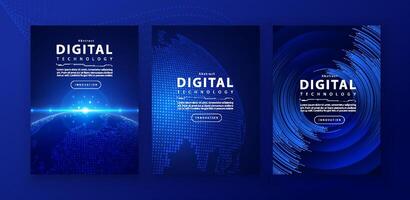 Poster brochure cover banner presentation layout template, technology digital futuristic internet network connection blue background, abstract cyber future tech communication, Ai big data science 3d vector