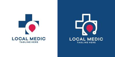 a combination of a pin map logo design with a plus sign for a health consultation logo. vector