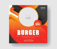 Burger food post online advertising promotion banner business vector layout design with colorful gradient shape and element.