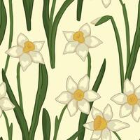 Spring time flowers seamless pattern. Ornament of narcissus. Cartoon vector design.