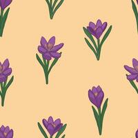 Spring time flowers seamless pattern. Ornament of crocuses. Cartoon vector design.