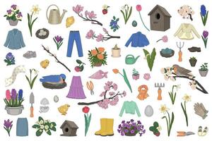 Spring time clipart collection. Set of berries, birds, gardening, plants, accessories, clothes. Cartoon vector illustrations isolated on white.