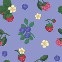 Spring berries seamless pattern. Ornament of strawberry, blueberry, raspberry. Cartoon vector design.