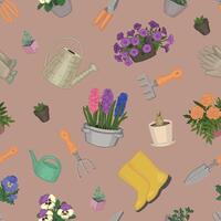 Spring gardening seamless pattern. Ornament of potted plants, gloves, rubber boots, watering cans, garden tools. Cartoon vector design.