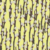 Spring botanical seamless pattern. Ornament of blooming pussy willow twig. Cartoon vector design.