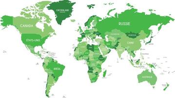 Political World Map vector illustration with different tones of green for each country and country names in french. Editable and clearly labeled layers.