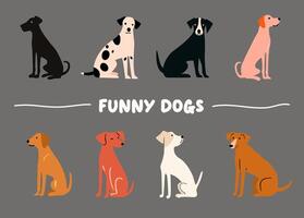 Funny sitting dogs flat illustrations set. Hand-drawn cartoon dogs of different breeds isolated on a transparent background vector