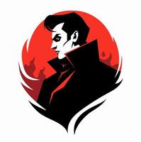 Vampire Dracula portrait in profile. Vector Halloween flat illustration. Minimalistic style. Black, white and red colors