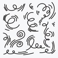 Doodle wind line sketch set. Hand drawn doodle wind movement, air blowing, vortex elements. Sketch of air blowing movement, abstract lines. Isolated vector illustration.