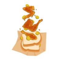 Vector illustration levitation Nashville Hot Chicken with Bread and Pickles