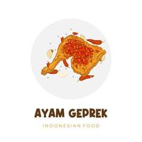 Top view indonesian food Smashed chicken or ayam geprek vector illustration logo