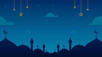 Islamic Night Sky Background with Mosque Domes and Hanging Decor Vector Illustration