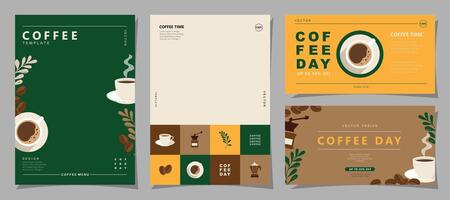 conjunto de bosquejo pancartas con café frijoles y hojas en mínimo antecedentes para invitaciones, tarjetas, bandera, póster, cubrir, café menú o otro modelo diseño. vector ilustración.