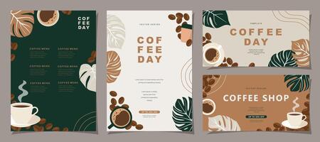 conjunto de bosquejo pancartas con café frijoles y hojas en mínimo antecedentes para invitaciones, tarjetas, bandera, póster, cubrir, café menú o otro modelo diseño. vector ilustración.