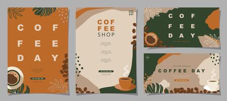 Set of sketch banners with coffee beans and leaves on minimal background for invitations, cards, banner, poster, cover, cafe menu or another template design. vector illustration.