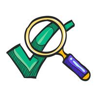 Magnifier check mark icon in hand drawn color vector illustration