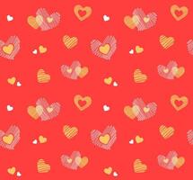 Seamless Valentines Day pattern with white and gold hearts on red background. Hand drawn doodles. Vector illustration for wrapping paper, decor, cards, backgrounds, textile, print