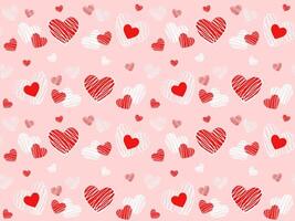 Seamles pattern with cute red and white doodle hearts on pink background. Vector illustration for wrapping paper, decor, cards, backgrounds on Valentines Day. Print design textile for kids fashion.