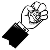 Hand holding bitcoin coin. Hand drawn vector illustration.