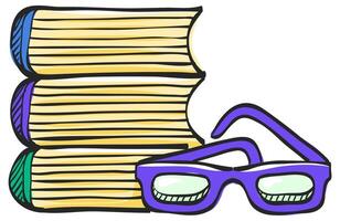 Books and glasses icon in hand drawn color vector illustration