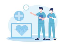 Two nurse doctor checks the patient heart health concept flat illustration vector