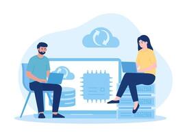 people are backing up server data concept flat illustration vector