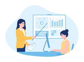 Female manager explains statistics to workers concept flat illustration vector