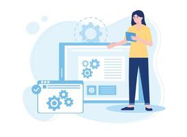 woman looking at the operating system on a website. web maintenance vector